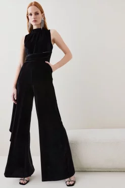 Cheap 😀 Karen Millen Slinky Velvet Drape Detail Wide Leg Jumpsuit - black 💯 -Occasionwear Popular Store womens black slinky velvet drape detail wide leg jumpsuit