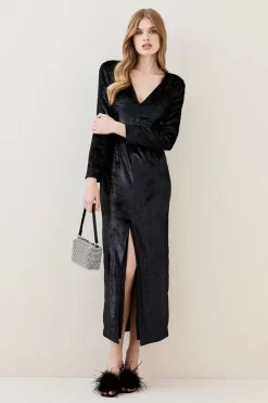 Hot Sale 💯 Karen Millen Slinky Velvet Sleeved Maxi 👗 Dress - black 💯 -Occasionwear Popular Store womens black slinky velvet sleeved maxi dress