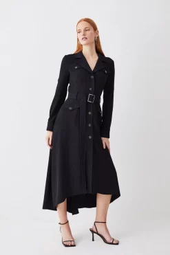 Best reviews of ⌛ Karen Millen Soft Tailored Belted Crepe High Low 👚 Shirtdress 🎁 -Occasionwear Popular Store womens black soft tailored belted crepe high low shirtdress 1