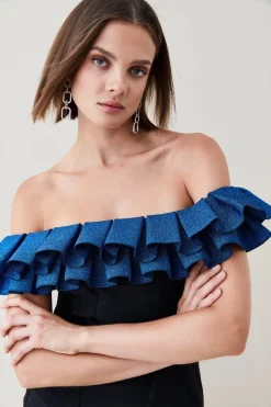 Flash Sale 😉 Karen Millen Sparkle Drama Frill Bardot Bandage Knit Mini 👗 Dress - black ⌛ -Occasionwear Popular Store womens black sparkle drama frill bardot bandage knit mini dress