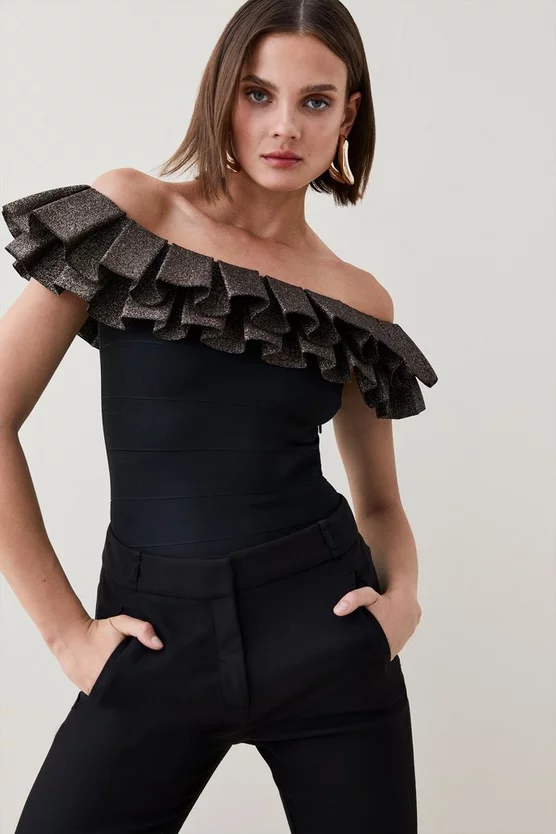 Outlet โจ Karen Millen Sparkle Drama Frill Bardot Bandage Top - black ๐ 7 Outlet โจ Karen Millen Sparkle Drama Frill Bardot Bandage Top - black ๐ - Image 5