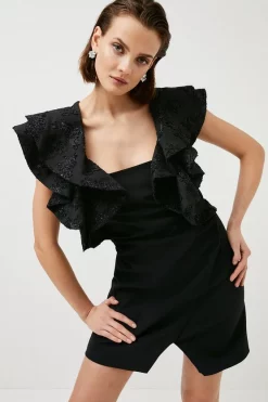 Flash Sale ⭐ Karen Millen Sparkle Jacquard Contrast Sleeve Mini 👗 Dress ✨ -Occasionwear Popular Store womens black sparkle jacquard contrast sleeve mini dress 1