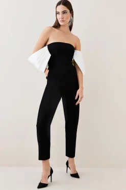 Discount ✔️ Karen Millen Structured Crepe Bardot Structured Satin Bow Back Jumpsuit - black 🛒 -Occasionwear Popular Store womens black structured crepe bardot structured satin bow back jumpsuit