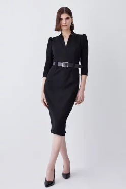 Brand new ✨ Karen Millen Structured Crepe Belted Forever Midi 👗 Dress ⭐ -Occasionwear Popular Store womens black structured crepe belted forever midi dress 1