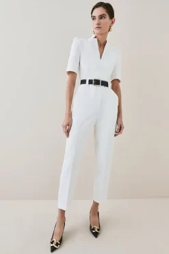Top 10 🔥 Karen Millen Structured Crepe Forever Belted Jumpsuit 🔔 -Occasionwear Popular Store womens black structured crepe forever belted jumpsuit
