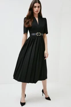 Top 10 🤩 Karen Millen Structured Crepe Forever Pleat Belted Midi 👗 Dress ✨ -Occasionwear Popular Store womens black structured crepe forever pleat belted midi dress