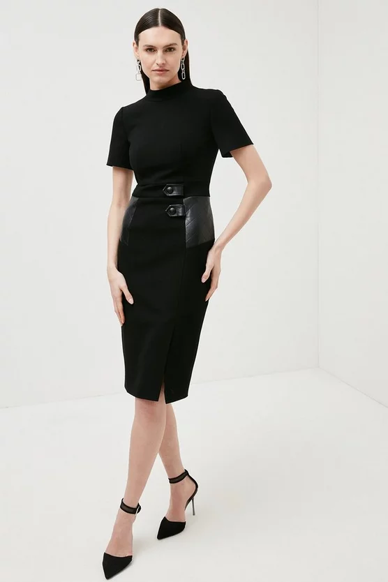 Cheap 🔔 Karen Millen Structured Crepe Pu Contrast Pencil Midi 👗 Dress 🎉 7 Cheap 🔔 Karen Millen Structured Crepe Pu Contrast Pencil Midi 👗 Dress 🎉 - Image 5