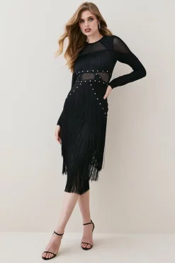 New 🥰 Karen Millen Studded Fringe Mesh Insert Bandage Midi 👗 Dress 🥰 -Occasionwear Popular Store womens black studded fringe mesh insert bandage midi dress 1