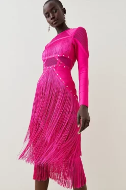 New 🥰 Karen Millen Studded Fringe Mesh Insert Bandage Midi 👗 Dress 🥰 -Occasionwear Popular Store womens black studded fringe mesh insert bandage midi dress