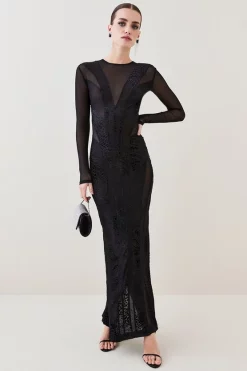 Discount 😉 Karen Millen Tall Devoure Velvet Lace Detail Jersey Maxi 👗 Dress - black 💯 -Occasionwear Popular Store womens black tall devoure velvet lace detail jersey maxi dress