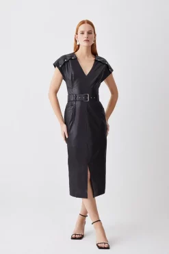 Discount 🧨 Karen Millen Tall Leather Button Detail Shoulder Belted Midi Pencil 👗 Dress - black ✨ -Occasionwear Popular Store womens black tall leather button detail shoulder belted midi pencil dress