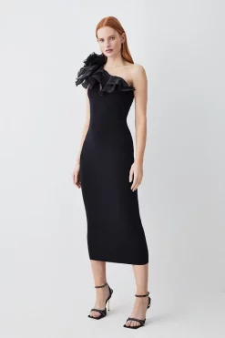 Top 10 🎁 Karen Millen Tall One Shoulder Organza Flower Detail Knit Midi 👗 Dress - black ✔️ -Occasionwear Popular Store womens black tall one shoulder organza flower detail knit midi dress