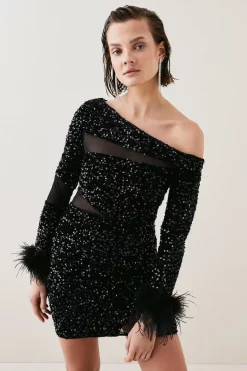 Best deal 😉 Karen Millen Tall Sequin Velvet Mesh Detail Feather Cuff Jersey Mini Dres - black 👍 -Occasionwear Popular Store womens black tall sequin velvet mesh detail feather cuff jersey mini dres