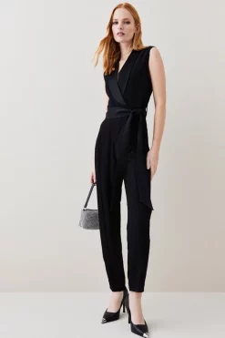 Discount ✨ Karen Millen Tuxedo Wrap Sleeveless Jumpsuit ✨ -Occasionwear Popular Store womens black tuxedo wrap sleeveless jumpsuit