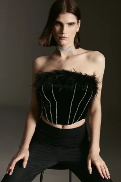 New 🎉 Karen Millen Velvet Diamante Seam Feather Crop Top - black 🥰 -Occasionwear Popular Store womens black velvet diamante seam feather crop top