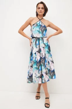 Buy 🔔 Karen Millen Animal Viscose Crepe Halter Woven Maxi 🧨 -Occasionwear Popular Store womens blue animal viscose crepe halter woven maxi 1