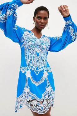 Hot Sale 👏 Karen Millen Cutwork Beaded Drama Sleeve Woven 👗 Dress - blue 🔥 -Occasionwear Popular Store womens blue cutwork beaded drama sleeve woven dress