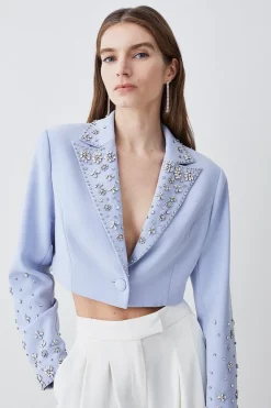New โ๏ธ Karen Millen Embellished Stretch Woven Cropped Jacket - blue ๐งจ 12 New โ๏ธ Karen Millen Embellished Stretch Woven Cropped Jacket - blue ๐งจ -Occasionwear Popular Store womens blue embellished stretch woven cropped jacket