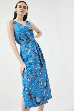 Outlet 👏 Karen Millen Floral Batik Linen Viscose Woven Midi 👗 Dress - blue 🥰 -Occasionwear Popular Store womens blue floral batik linen viscose woven midi dress