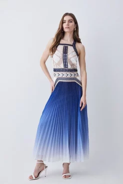 New 💯 Karen Millen Geo Guipure Metallic Woven Pleat Midi - blue ✔️ -Occasionwear Popular Store womens blue geo guipure metallic woven pleat midi