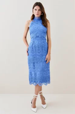 Top 10 🧨 Karen Millen Guipure Lace Woven Halter Midi 👗 Dress - blue 🌟 -Occasionwear Popular Store womens blue guipure lace woven halter midi dress