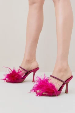 Deals 😀 Karen Millen Leather Diamante Feather Heeled Mule ❤️ -Occasionwear Popular Store womens blue leather diamante feather heeled mule