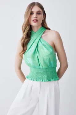 Discount 🛒 Karen Millen Metallic Iridescent Halter Blouse 🧨 -Occasionwear Popular Store womens blue metallic iridescent halter blouse 1