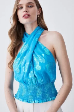 Discount 🛒 Karen Millen Metallic Iridescent Halter Blouse 🧨 -Occasionwear Popular Store womens blue metallic iridescent halter blouse