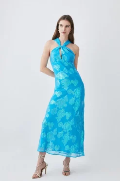Cheap 🔔 Karen Millen Metallic Iridescent Halter Column Midi 👗 Dress 🎉 -Occasionwear Popular Store womens blue metallic iridescent halter column midi dress