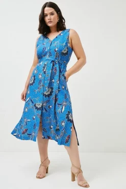 Budget 😀 Karen Millen Plus Size Floral Batik Linen Viscose Woven Midi - blue ✨ -Occasionwear Popular Store womens blue plus size floral batik linen viscose woven midi