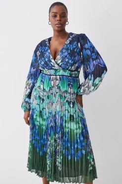 Discount 🛒 Karen Millen Plus Size Mirrored Ombre Floral Pleat Drama Woven Midi 👗 Dress - blue 😀 -Occasionwear Popular Store womens blue plus size mirrored ombre floral pleat drama woven midi dress