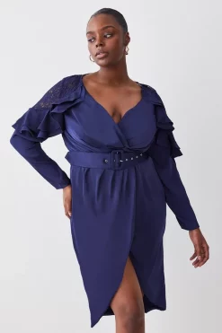 Hot Sale ❤️ Karen Millen Plus Size Satin And Lace Ruffle Woven Midi 👗 Dress - blue 🎁 -Occasionwear Popular Store womens blue plus size satin and lace ruffle woven midi dress
