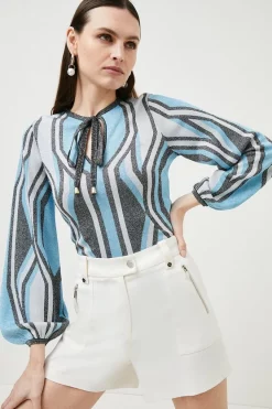 Hot Sale 🎁 Karen Millen Sparkle Geo Jacquard Knit Top 🔥 -Occasionwear Popular Store womens blue sparkle geo jacquard knit top 1