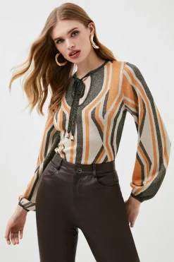 Hot Sale 🎁 Karen Millen Sparkle Geo Jacquard Knit Top 🔥 -Occasionwear Popular Store womens blue sparkle geo jacquard knit top