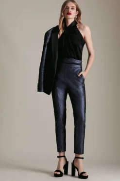 Coupon 🎁 Karen Millen Stretch Metallic Tailored Slim Leg Trousers ✔️ -Occasionwear Popular Store womens blue stretch metallic tailored slim leg trousers