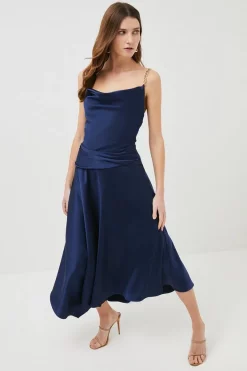 Coupon 👍 Karen Millen Tailored Satin Drape Cami Maxi 👗 Dress 👏 -Occasionwear Popular Store womens blue tailored satin drape cami maxi dress
