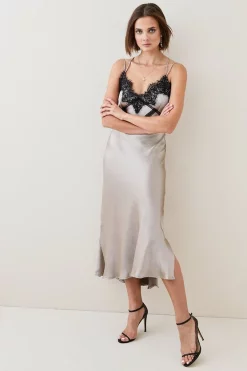 New 🎉 Karen Millen Textured Satin Lace Trim Woven Maxi Slip 👗 Dress 😉 -Occasionwear Popular Store womens blue textured satin lace trim woven maxi slip dress 1