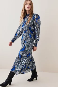 Coupon 😍 Karen Millen Tile Print Georgette Pleated Woven 👚 Shirt 👗 Dress - blue 👍 -Occasionwear Popular Store womens blue tile print georgette pleated woven shirt dress
