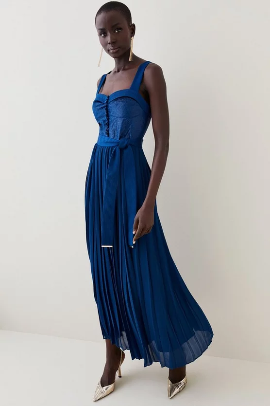 Budget ๐ Karen Millen Top Stitch Velvet Satin Pleated Woven Midi ๐ Dress - blue ๐ 8 Budget ๐ Karen Millen Top Stitch Velvet Satin Pleated Woven Midi ๐ Dress - blue ๐ - Image 6