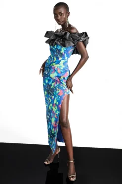 Budget ❤️ Karen Millen Weston Kaleidoscope Print Bardot Maxi 👗 Dress - blue 🎉 -Occasionwear Popular Store womens blue weston kaleidoscope print bardot maxi dress