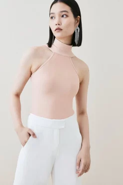 New ⌛ Karen Millen Bandage Knit Halter Neck Top In Recycled Yarn ✔️ -Occasionwear Popular Store womens blush bandage knit halter neck top in recycled yarn 1