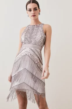 Best Sale ✔️ Karen Millen Petite Embellished Halter Fringed Mini 👗 Dress - blush 🧨 -Occasionwear Popular Store womens blush petite embellished halter fringed mini dress