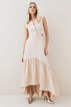 Buy 👏 Karen Millen Premium Polished Linen Cut Out Peplum Maxi 👗 Dress 🎉 -Occasionwear Popular Store womens blush premium polished linen cut out peplum maxi dress