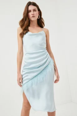 Hot Sale 🌟 Karen Millen Satin Crepe Cowl Neck Feather Cami Midi 👗 Dress ⭐ -Occasionwear Popular Store womens blush satin crepe cowl neck feather cami midi dress 1