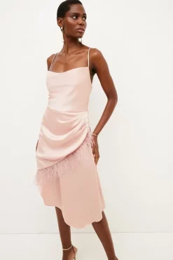 Hot Sale 🌟 Karen Millen Satin Crepe Cowl Neck Feather Cami Midi 👗 Dress ⭐ -Occasionwear Popular Store womens blush satin crepe cowl neck feather cami midi dress