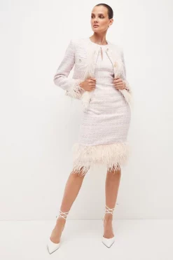 Outlet 🤩 Karen Millen Sparkle Tweed Feather Hem Midi 👗 Dress 💯 -Occasionwear Popular Store womens blush sparkle tweed feather hem midi dress