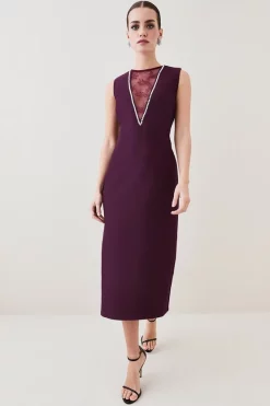 Cheap 👍 Karen Millen Petite Lace Front Diamante Jersey Midi 👗 Dress - burgundy 🔔 -Occasionwear Popular Store womens burgundy petite lace front diamante jersey midi dress