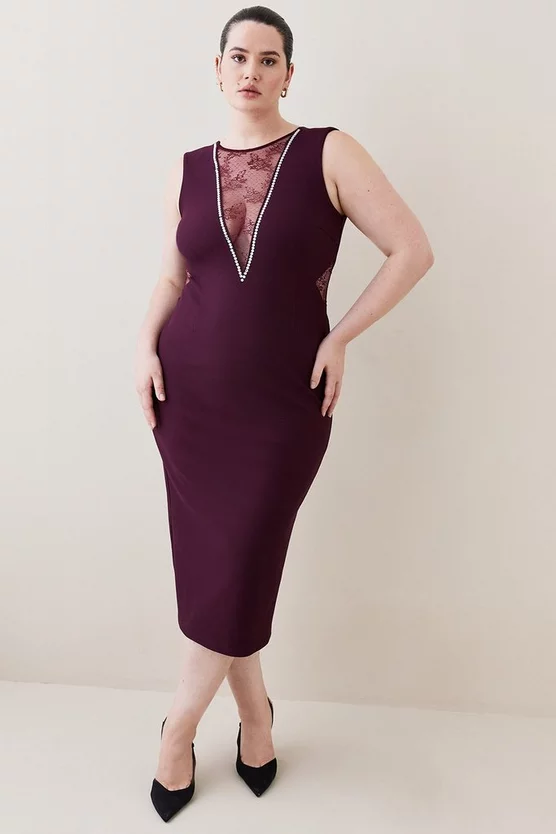 Outlet π Karen Millen Plus Size Lace Front Diamante Jersey Midi π Dress - burgundy π 7 Outlet π Karen Millen Plus Size Lace Front Diamante Jersey Midi π Dress - burgundy π - Image 5