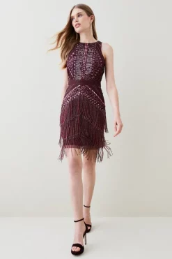 Best deal 😍 Karen Millen Sequin and Beaded Fringed Woven Mini 👗 Dress 😍 -Occasionwear Popular Store womens burgundy sequin and beaded fringed woven mini dress