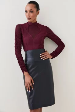 Outlet ❤️ Karen Millen Ruched Mesh Funnel Neck Bandage Top - cabernet ✨ -Occasionwear Popular Store womens cabernet ruched mesh funnel neck bandage top